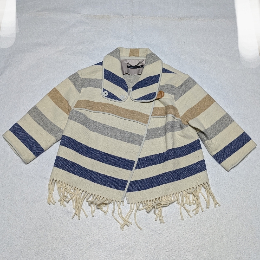 Karen Millen Wool Blend Jacket Medium Striped Fringe Funnel Neck 3/4 Sleeve Coat